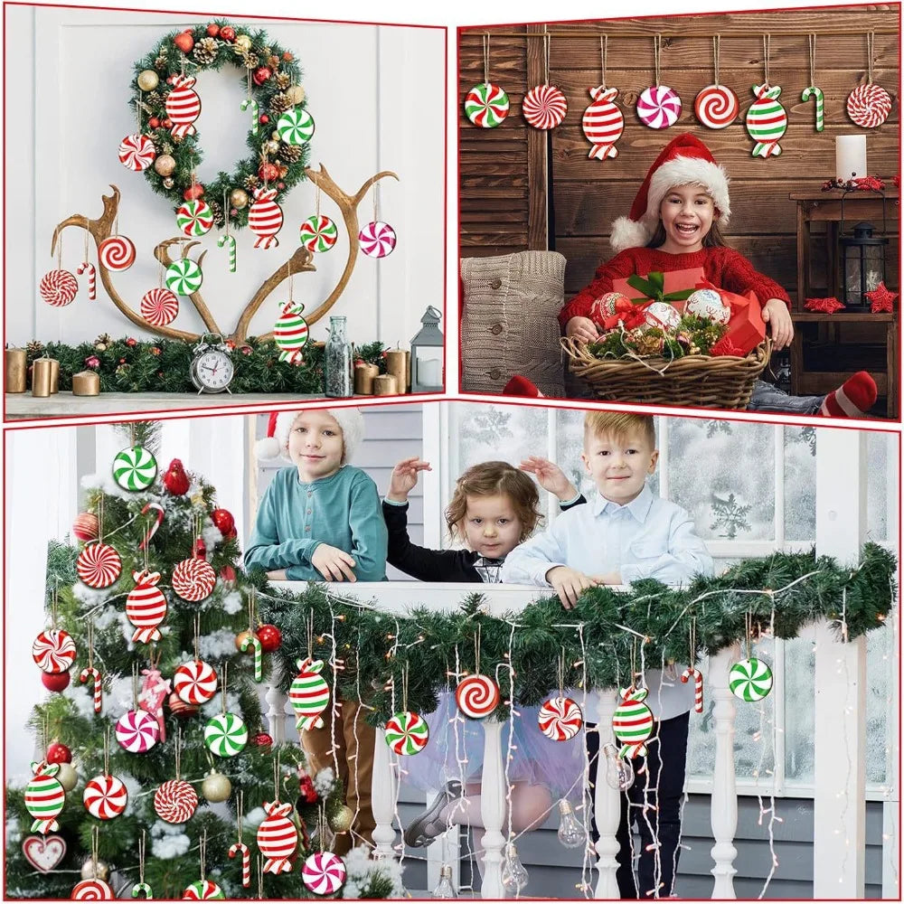 A festive display of Christmas wooden candy cane hanging ornaments on a tree and a wooden background.