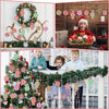 A festive display of rustic wooden peppermint candy ornaments and Christmas decorations on a tree and a wooden background.