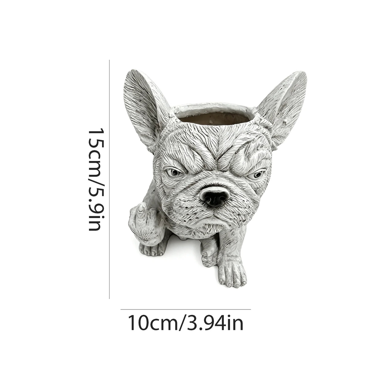 Un pot de résine gris en forme de tête de bouledogue français.