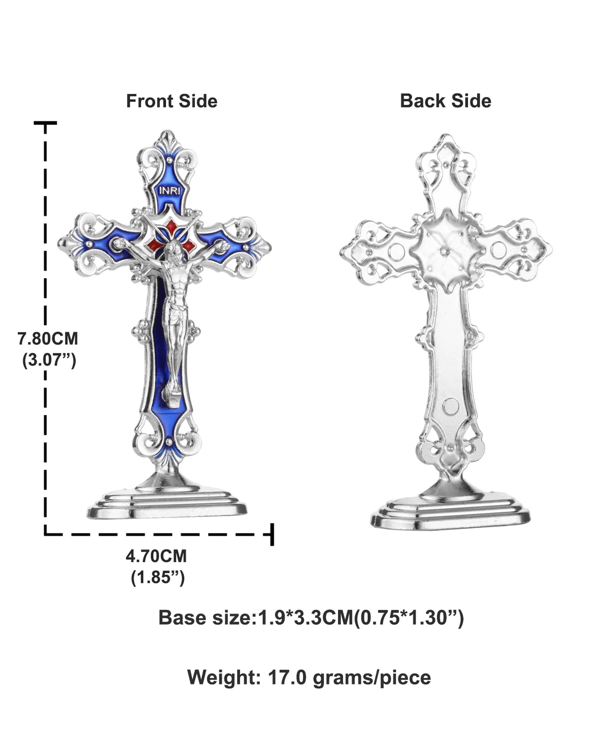 Front and back views of a silver metal crucifix desk cross with a self-adhesive base