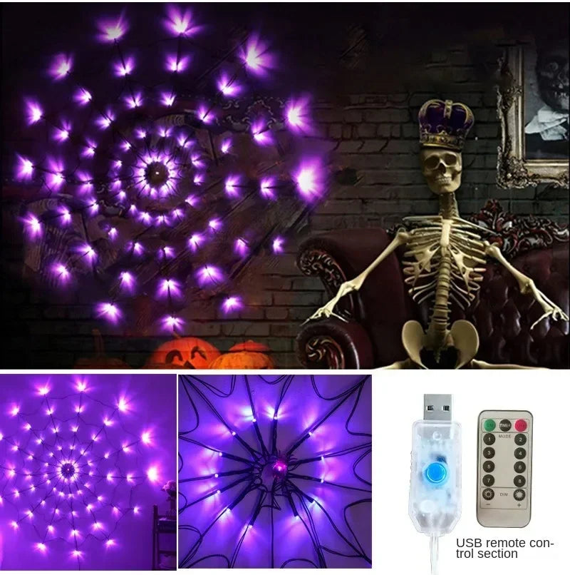 Purple LED string lights shaped like a spider web for Halloween decor