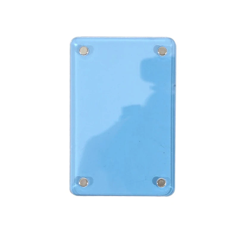 A light blue plastic photo clip with four mounting holes.