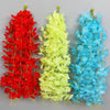 Three vertical arrangements of artificial wisteria hanging flower garlands in red, yellow, and blue.
