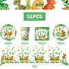 A set of dinosaur-themed birthday party supplies including balloons, a banner, and a cake topper.