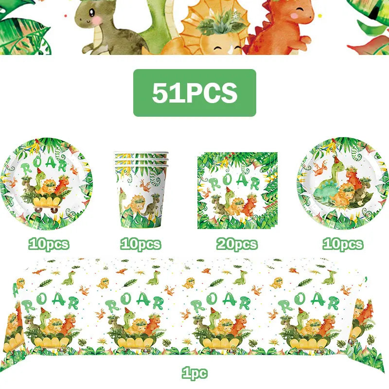 A set of dinosaur-themed birthday party supplies including balloons, a banner, and a cake topper.