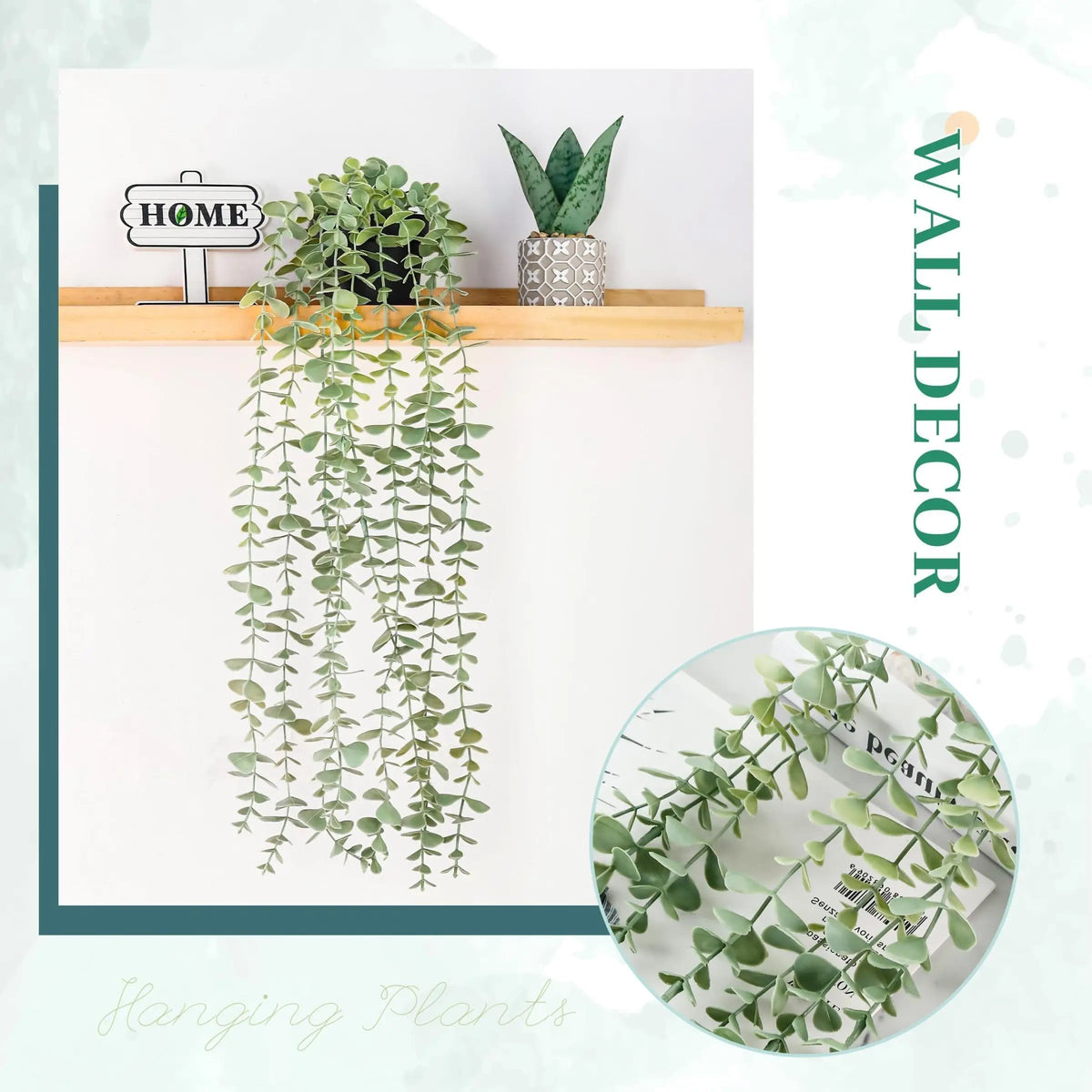 Exposition de plantes d'eucalyptus artificielles et d'une succulente en pot sur une étagère en bois pour la décoration intéri