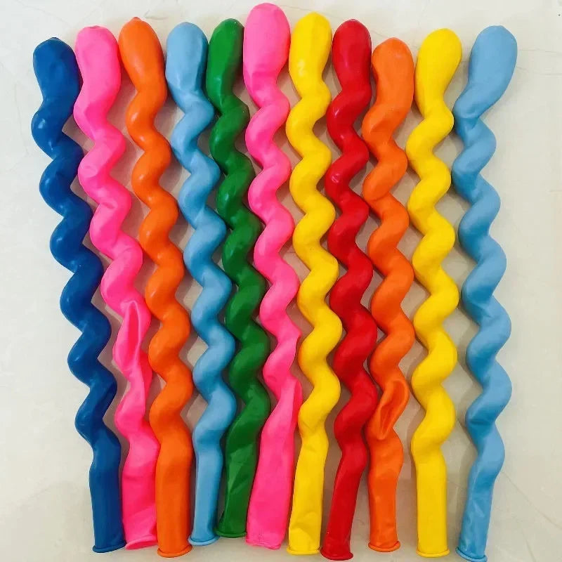 A pack of 100 spiral twist latex balloons in various bright colors including blue, pink, orange, green, and yellow.