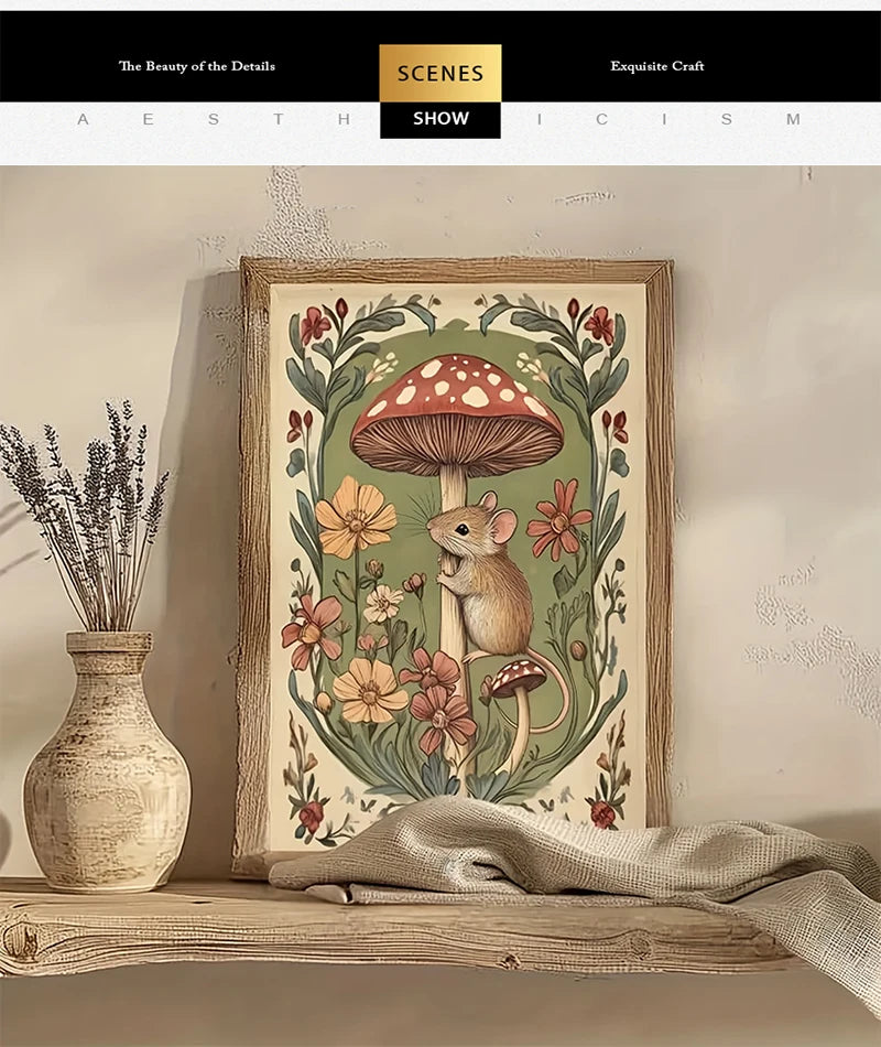A canvas print featuring a detailed illustration of woodland mice and mushrooms framed in a vintage style.