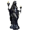 A black resin statue of a dark fantasy goddess with horns and mystical details.