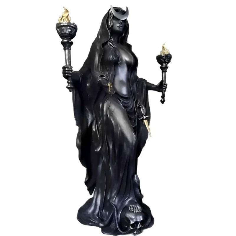 A black resin statue of a dark fantasy goddess with horns and mystical details.