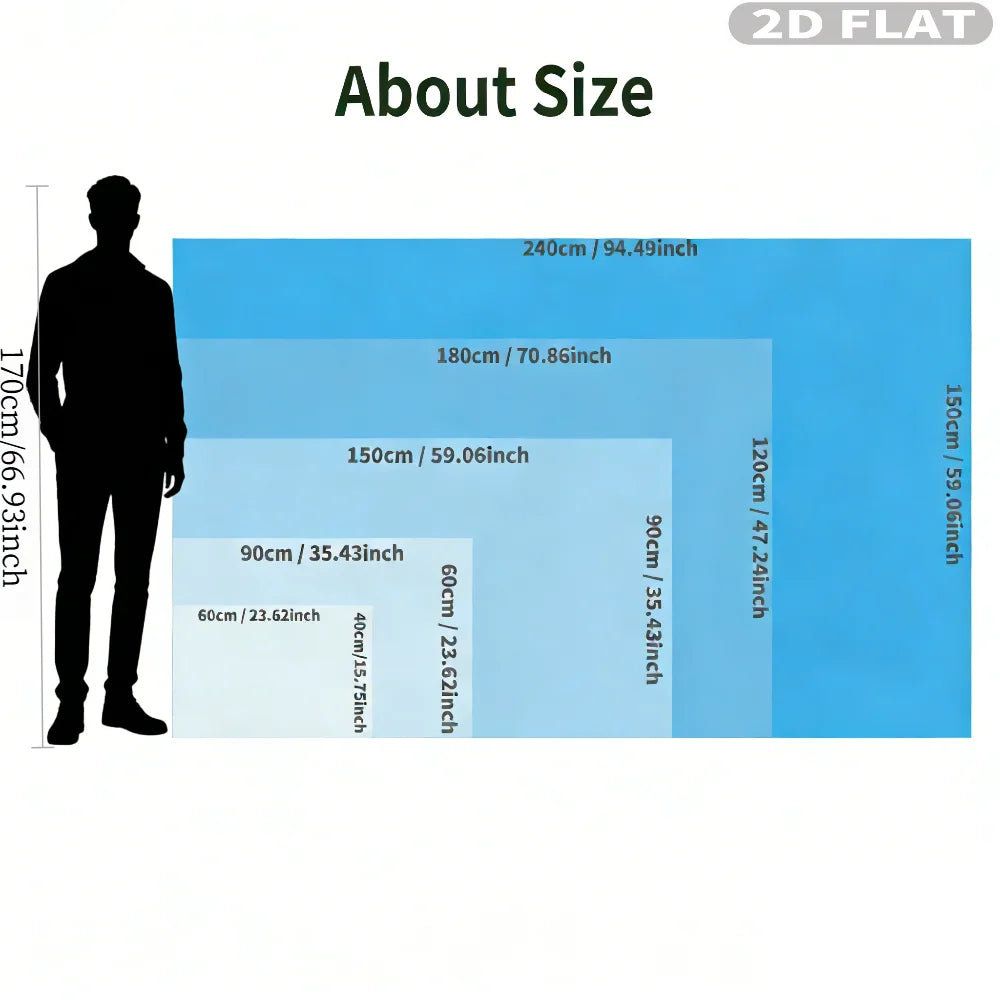 Diagram showing the size dimensions of a 2D flat polyester flag banner in centimeters and inches.
