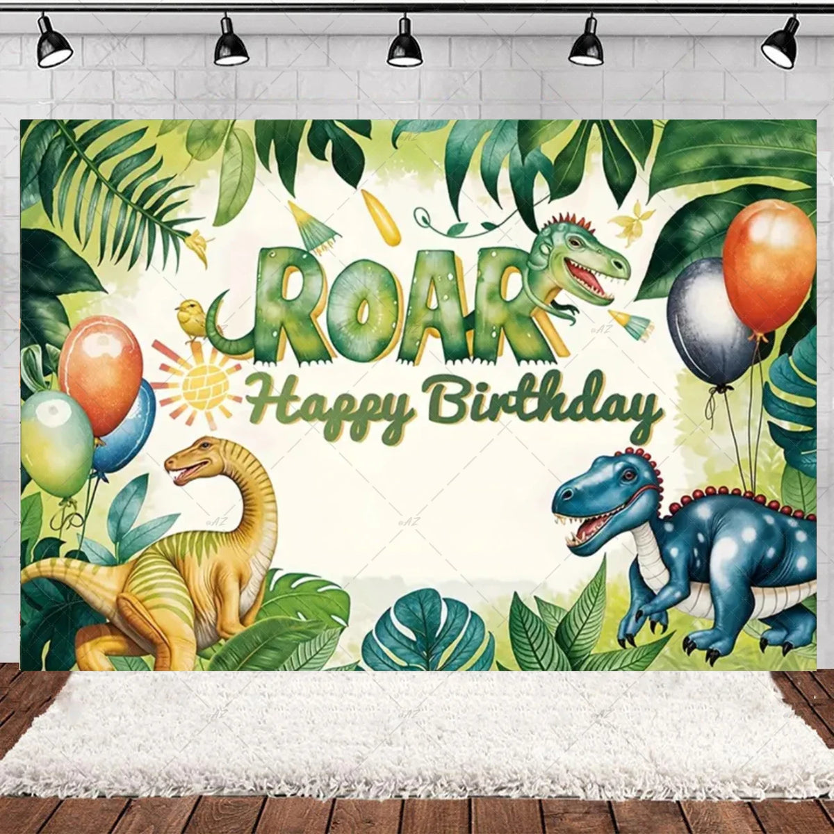 A vibrant cartoon dinosaur birthday party backdrop featuring green foliage and dinosaurs with balloons.