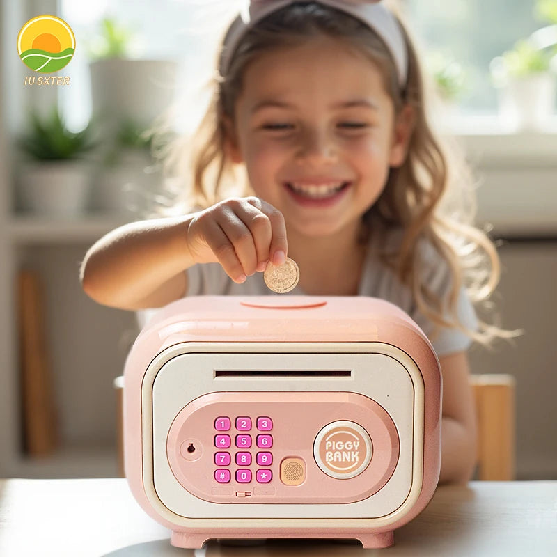 A young girl is using a pink fingerprint password piggy bank for kids on a table.