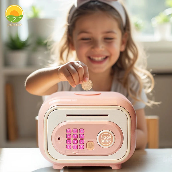 A young girl is using a pink fingerprint password piggy bank for kids on a table.