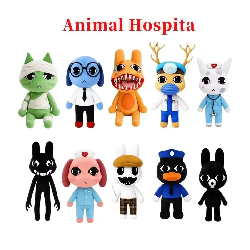 A set of Animal Hospital plush toys featuring a cat, dog, penguin, and bunny.