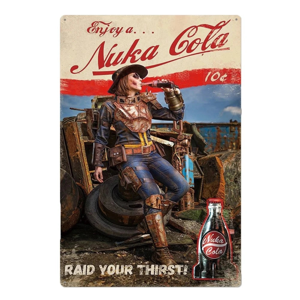 Vintage metal wall sign featuring a woman in a pirate outfit drinking Nuka Cola