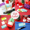 A collection of red, green, and purple decorative stickers and tags for gift wrapping and Christmas decorations.