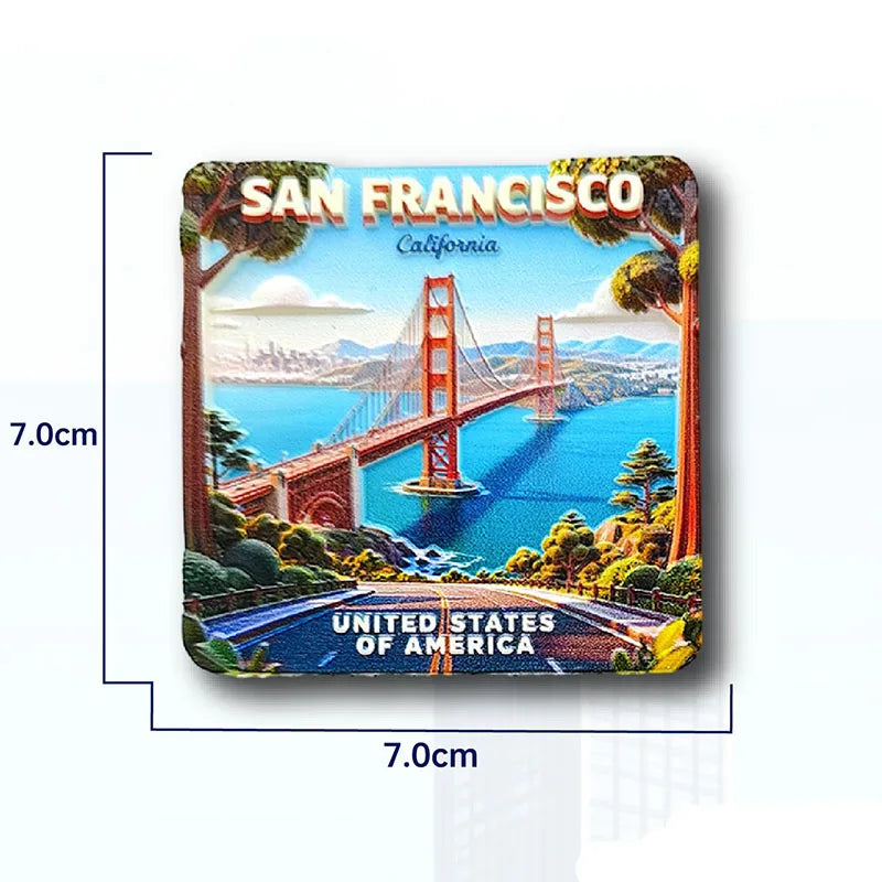 A magnet featuring a scenic view of the San Francisco Golden Gate Bridge and landscape with the text United States of America