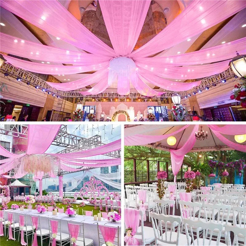 Pink sheer chiffon curtains draped across a venue for a wedding or event backdrop