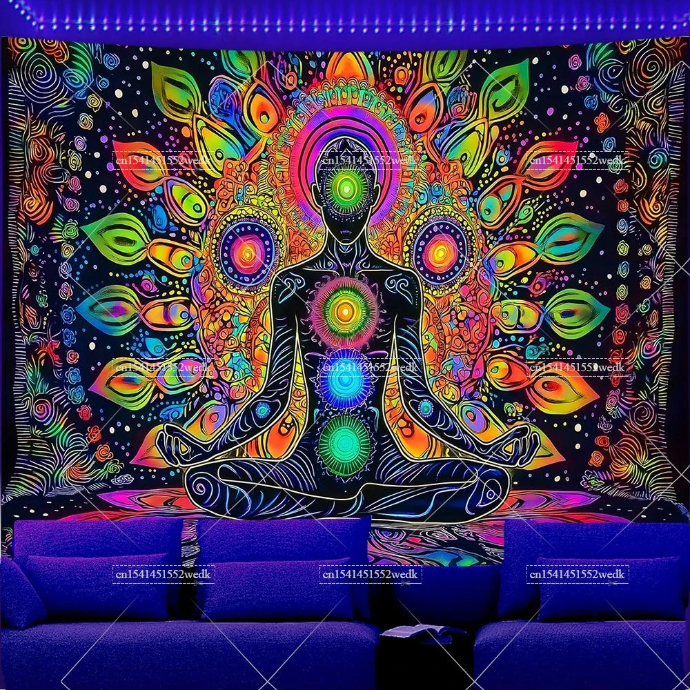 UV reactive chakra lotus tapestry wall hanging featuring vibrant colors and intricate patterns.