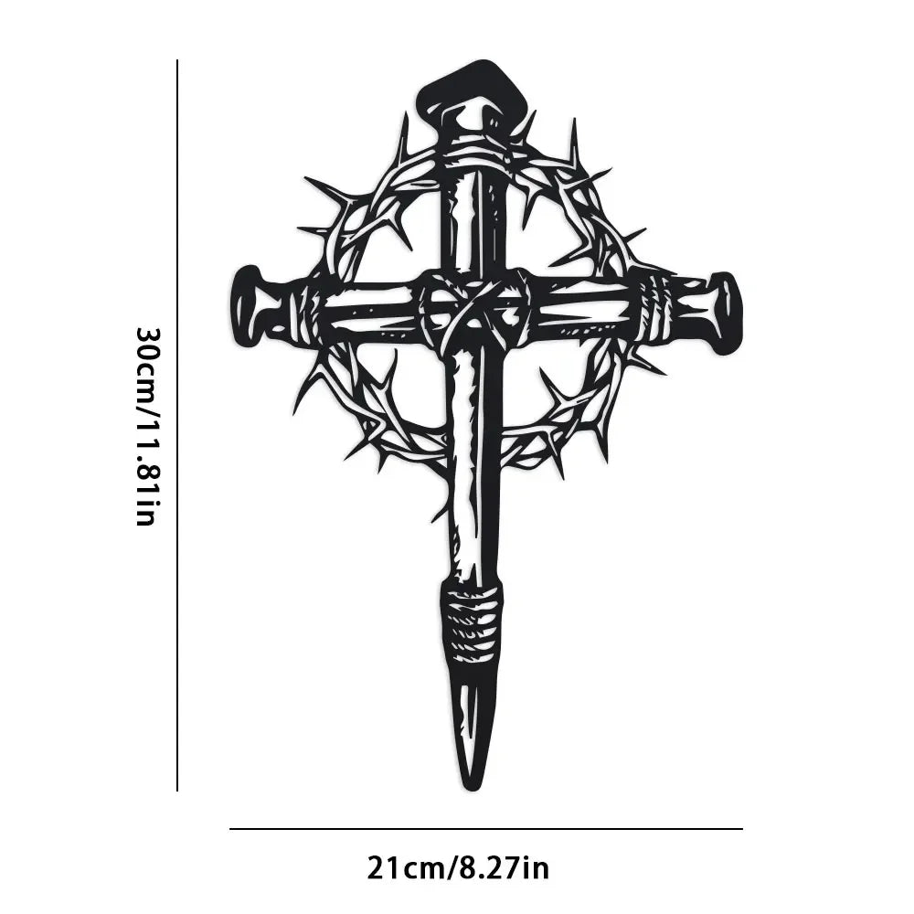 Black gothic metal cross wall art featuring intricate thorn details.