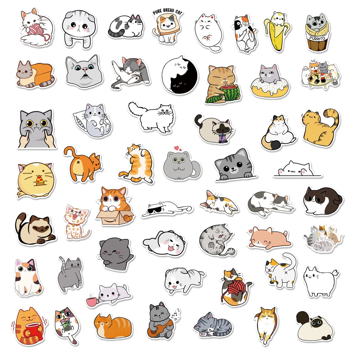A collection of various funny cartoon cat stickers featuring different expressions and poses for DIY decor.