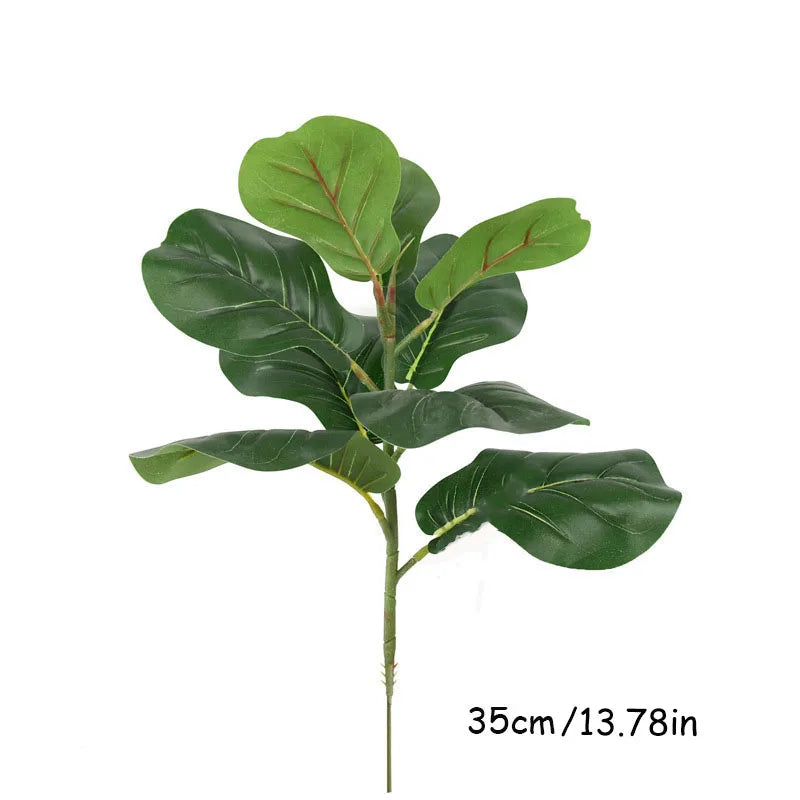 A vibrant green artificial fiddle leaf fig tree with large, glossy leaves and reddish veins.