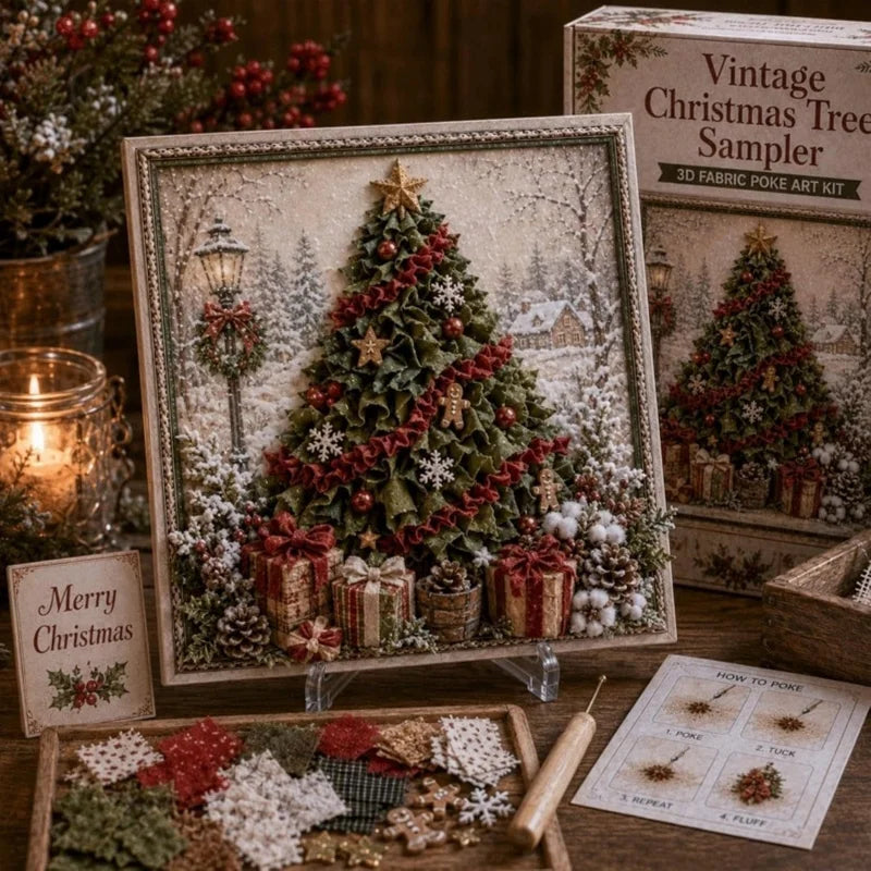 A framed Christmas 3D fabric poke art kit featuring a decorated evergreen tree in a snowy winter forest scene.