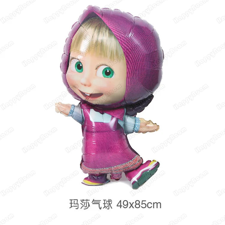A pink foil balloon shaped like a child wearing a purple hood and pink outfit.