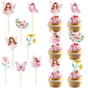 A set of fairy-themed cupcake toppers featuring pink and white butterflies and floral designs.