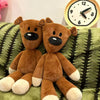 A brown teddy bear plush toy sitting on a green textured fabric next to a clock.
