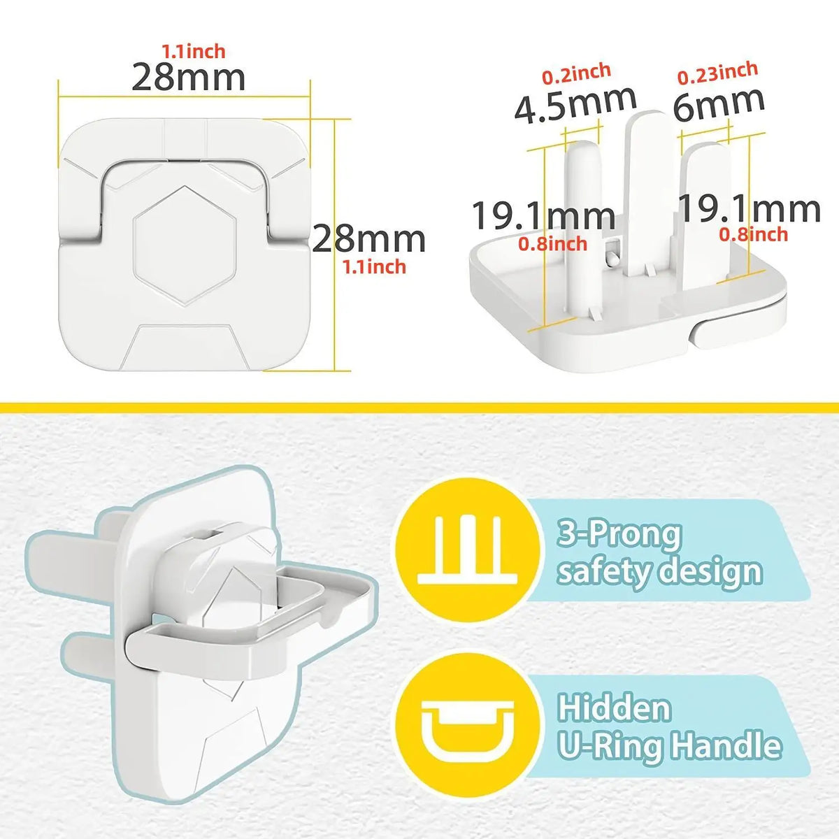 White childproof electrical outlet plugs with a safety design and hidden U-ring handle