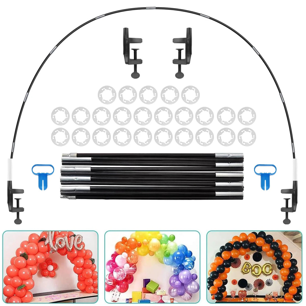 Black table balloon arch kit showing various metal and plastic components for creating decorative arches