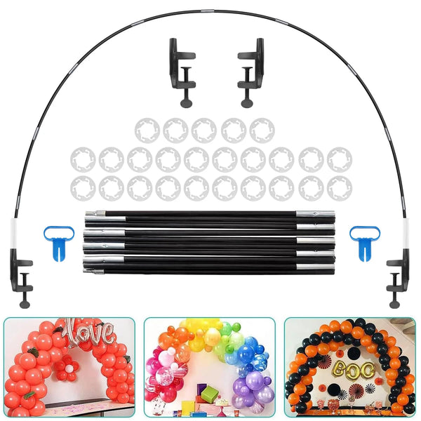 Black table balloon arch kit showing various metal and plastic components for creating decorative arches