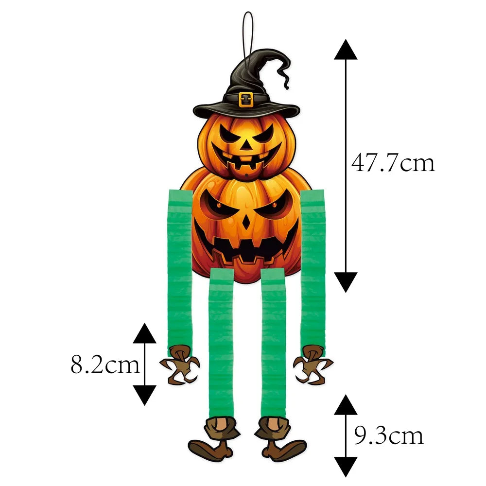 Halloween hanging ornaments set featuring a carved pumpkin, ghosts, and skeletons.