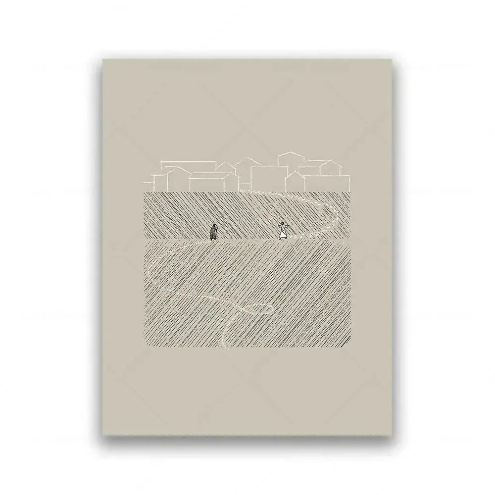 Dibujo lineal minimalista de una figura lavando pies, renderizado en escala de grises sobre impresión de lienzo beige.