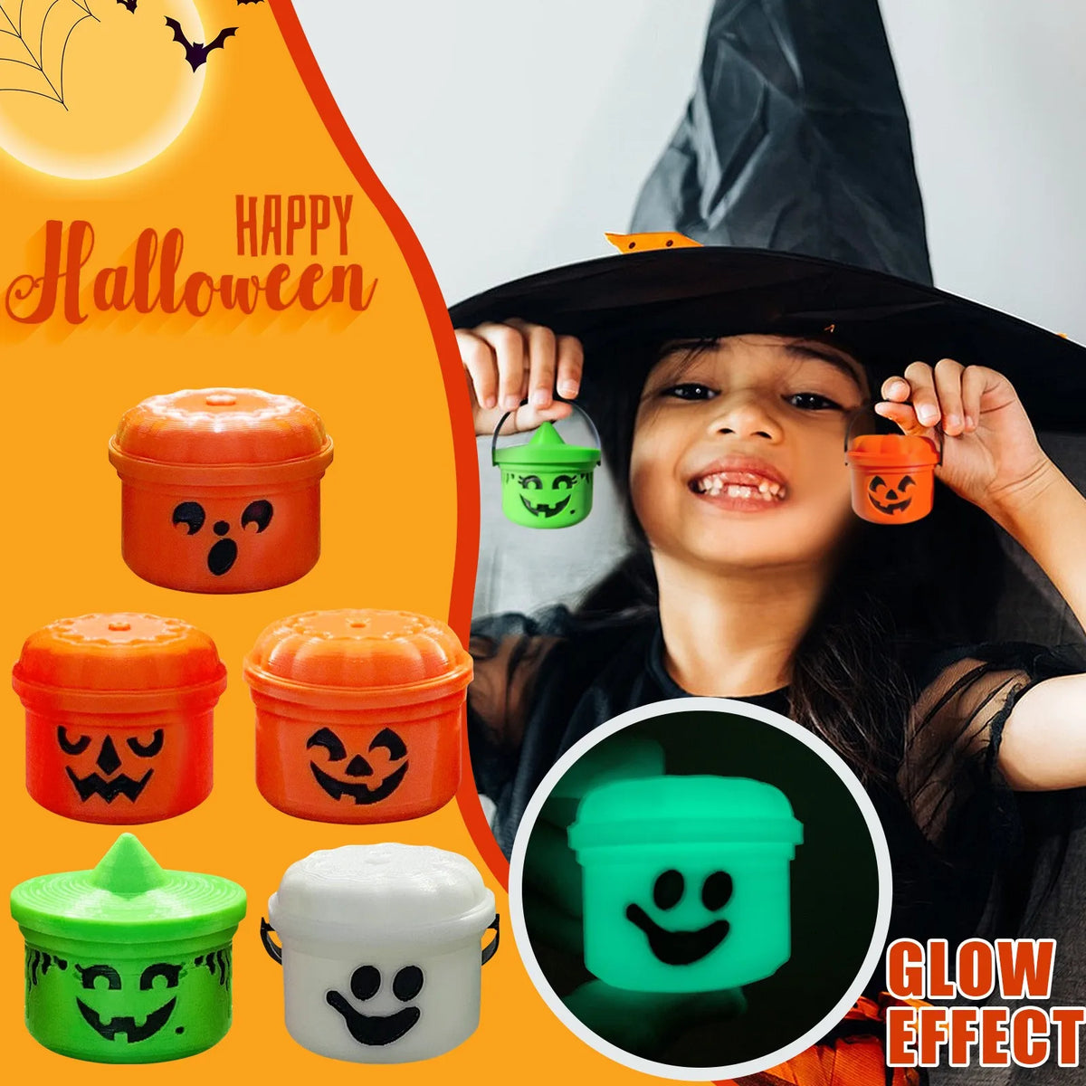 A child wearing a witch hat holds miniature pumpkin Halloween buckets for treats and decor, showing a glow effect.