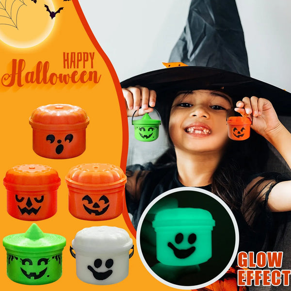 A child wearing a witch hat holds miniature pumpkin Halloween buckets for treats and decor, showing a glow effect.