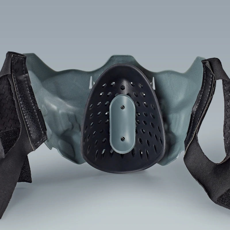 A tactical silicone half-face mask for airsoft and cosplay, shown in a gray color.