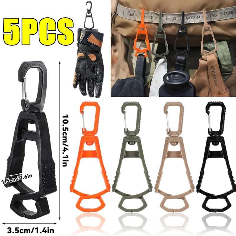 Five durable glove clip holders in black, orange, and olive green colors shown with dimensions.