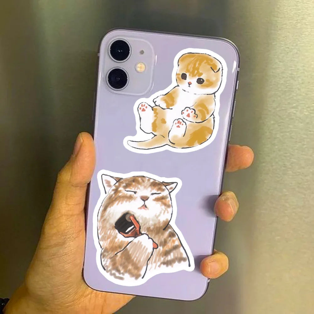 A purple smartphone features a sticker design of a cute, fluffy orange cat sitting down.