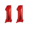 Two shiny red foil number balloons shaped like the number 1, used for birthday party decor.