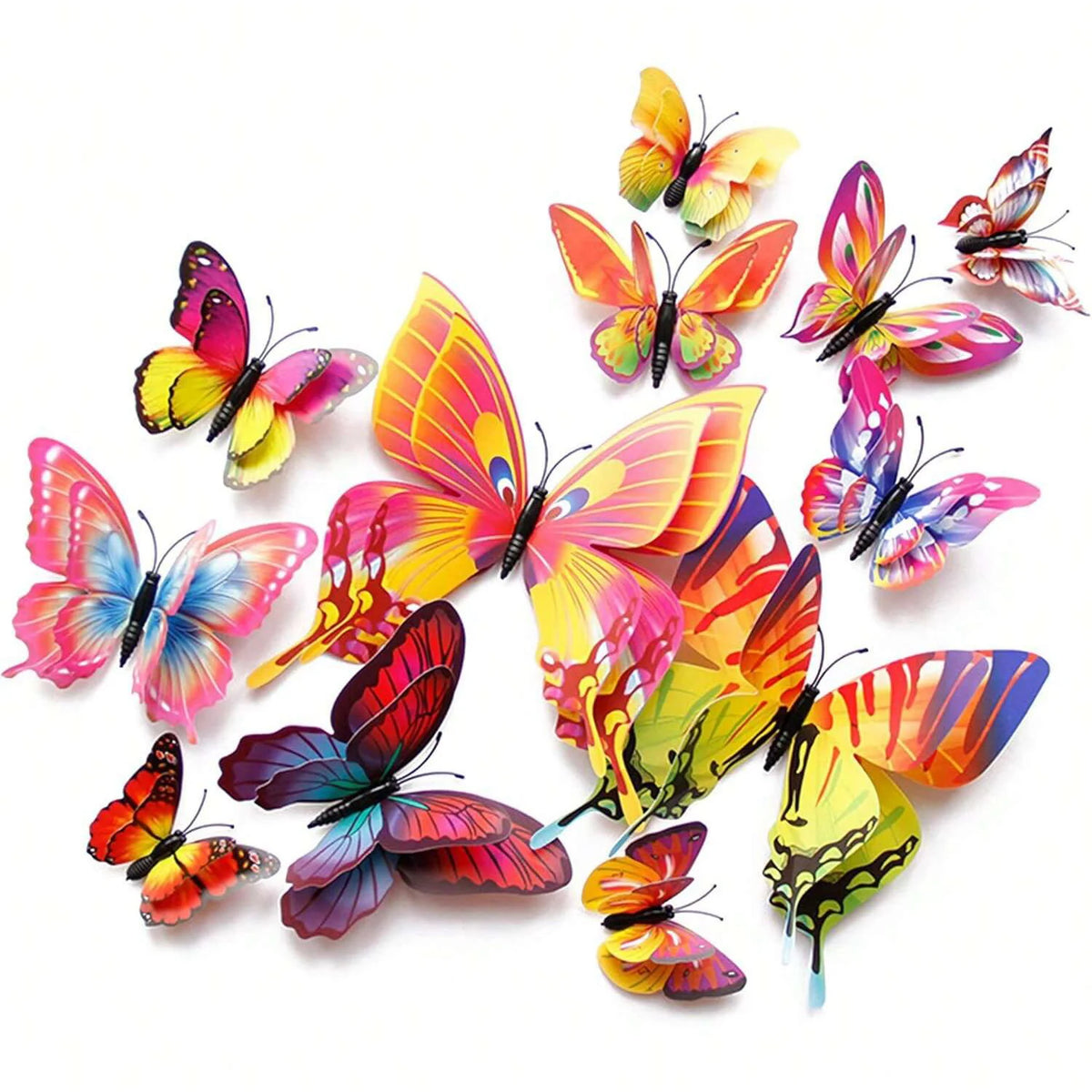 A set of twelve colorful, vibrant butterfly decorations for wall decor.