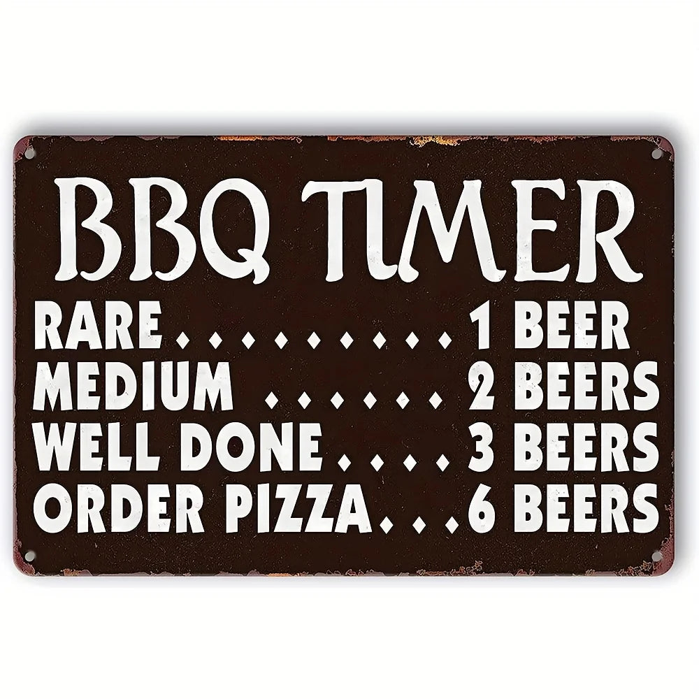 Vintage Metall-BBQ-Timer-Schild mit Stufen für selten, mittel, durch und Pizza bestellen