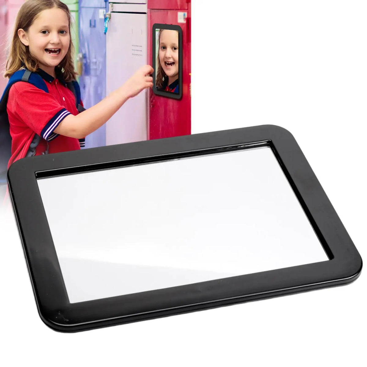 A girl is holding a compact magnetic locker mirror with a strong hold in front of a red cabinet.