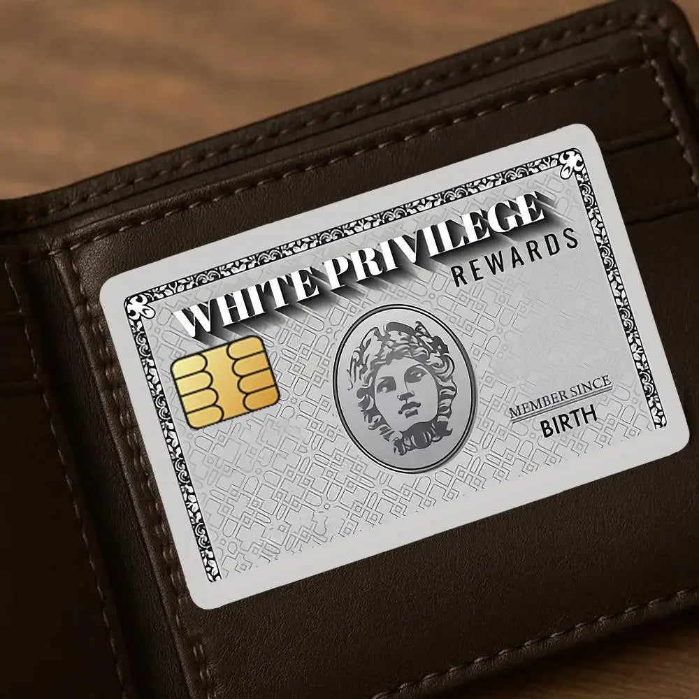 A brown leather wallet features a white privilege rewards card with an engraved portrait and decorative border.