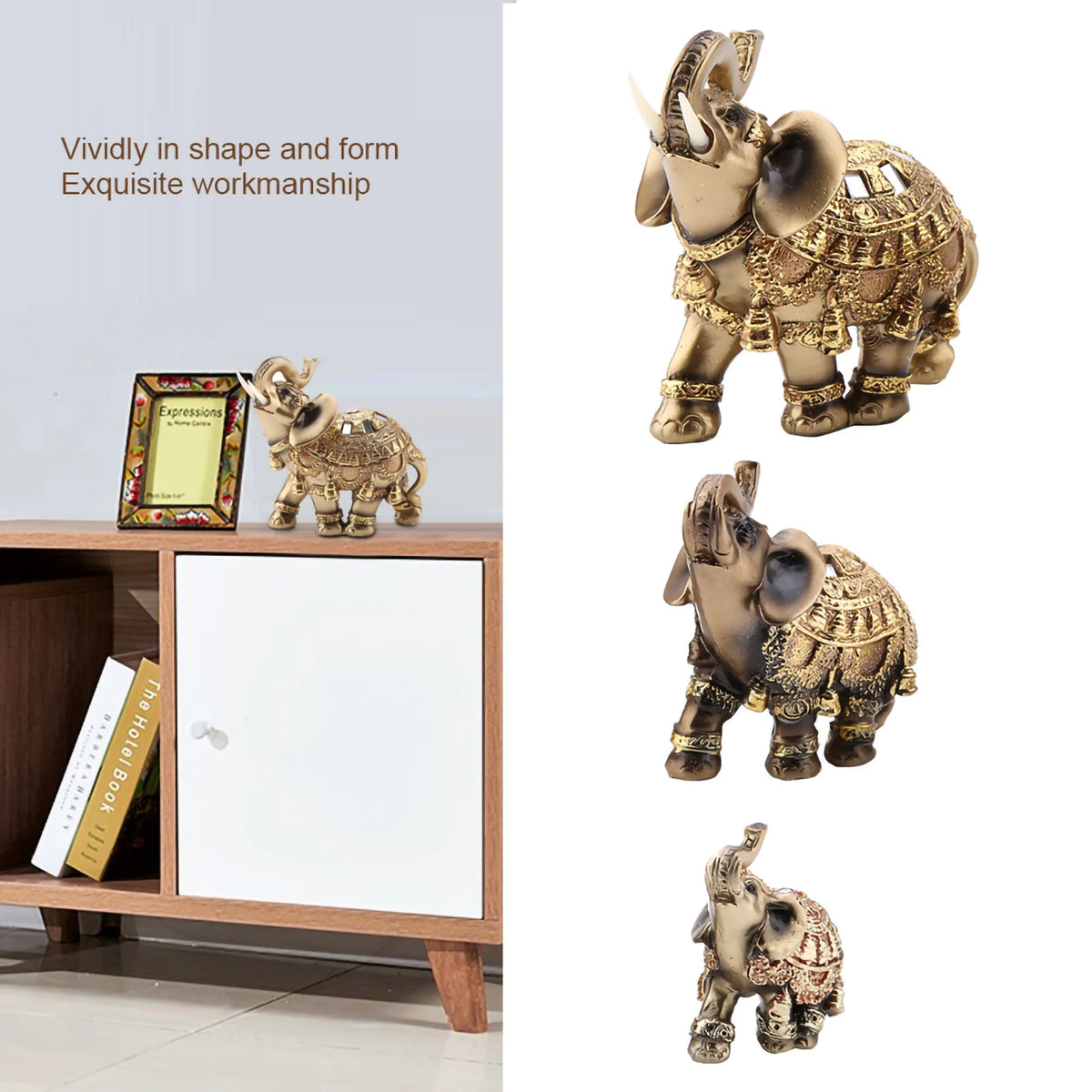 Golden Feng Shui elephant statue for wealth and good fortune displayed on a wooden shelf.