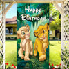 A vibrant green backdrop featuring two cartoon lion cubs celebrating a happy birthday with leafy vines and foliage.