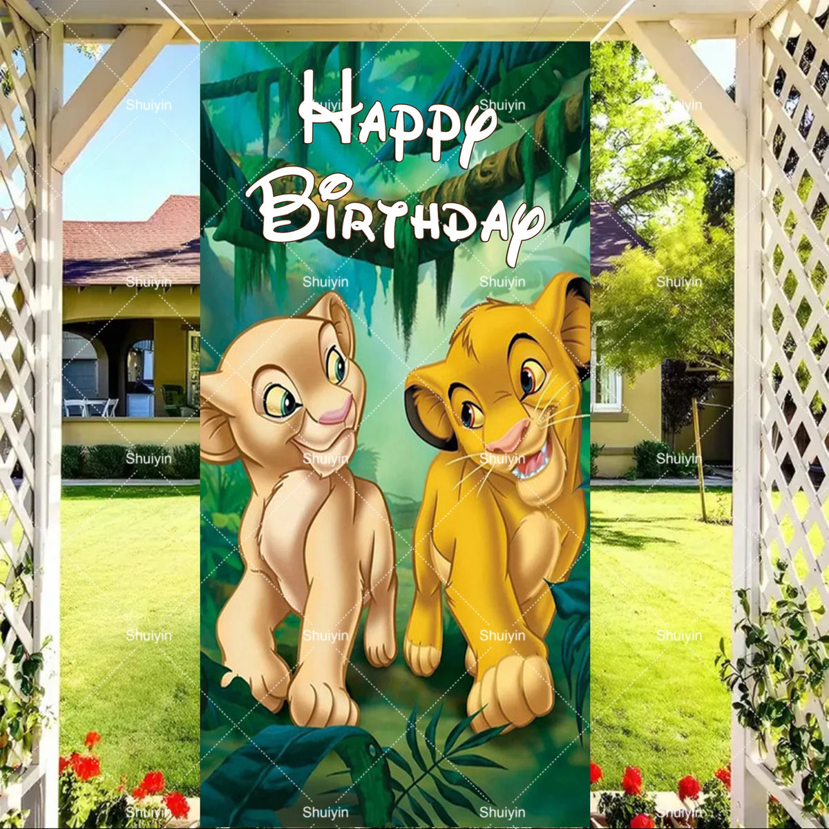 A vibrant green backdrop featuring two cartoon lion cubs celebrating a happy birthday with leafy vines and foliage.