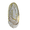 White resin Virgin Mary holy water wall decor featuring a figure surrounded by a golden sunburst and floral wreath